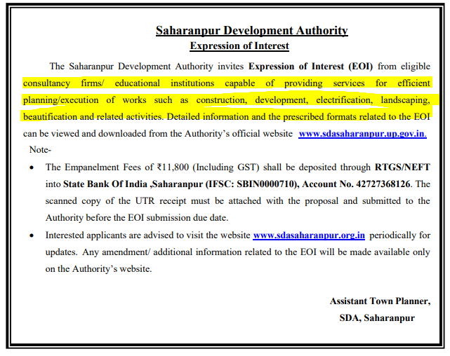 	Empanelment of Architectural firms for upcoming Projects in Saharanpur Development Authority