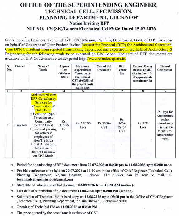 Architectural cum DPR Consultancy Services for Construction of total 545 no Type 1 to Type5 residences Community Centre Guest House and parking for officers employees of Honble High Court Allahabad Judicature at district Lucknow on EPC Mode