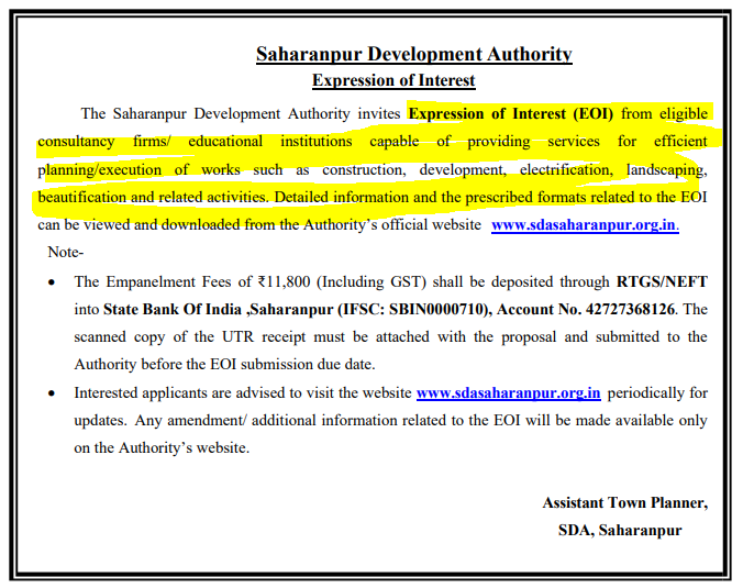 	Empanelment of Architectural firms for upcoming projects in Saharanpur Development Authority