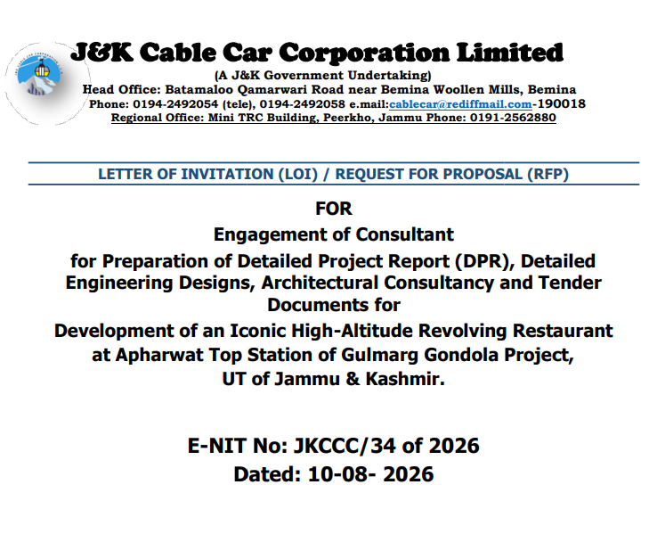 	Engagement of Consultant for Preparation of Detailed Project Report (DPR), Detailed Engineering Designs, Architectural Consultancy and Tender Documents for Development of an Iconic High-Altitude Revolving Restaurant at Apharwat